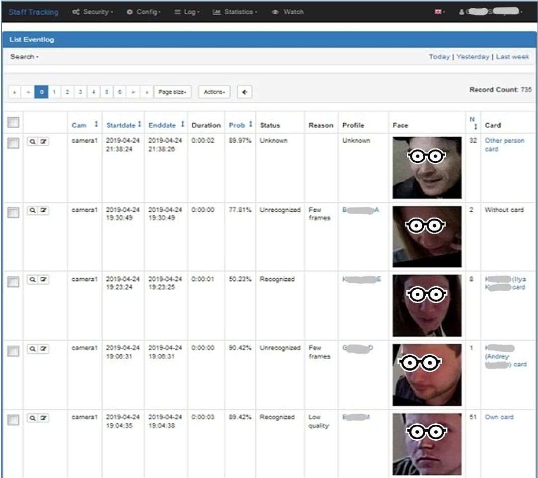 A face recognition events log